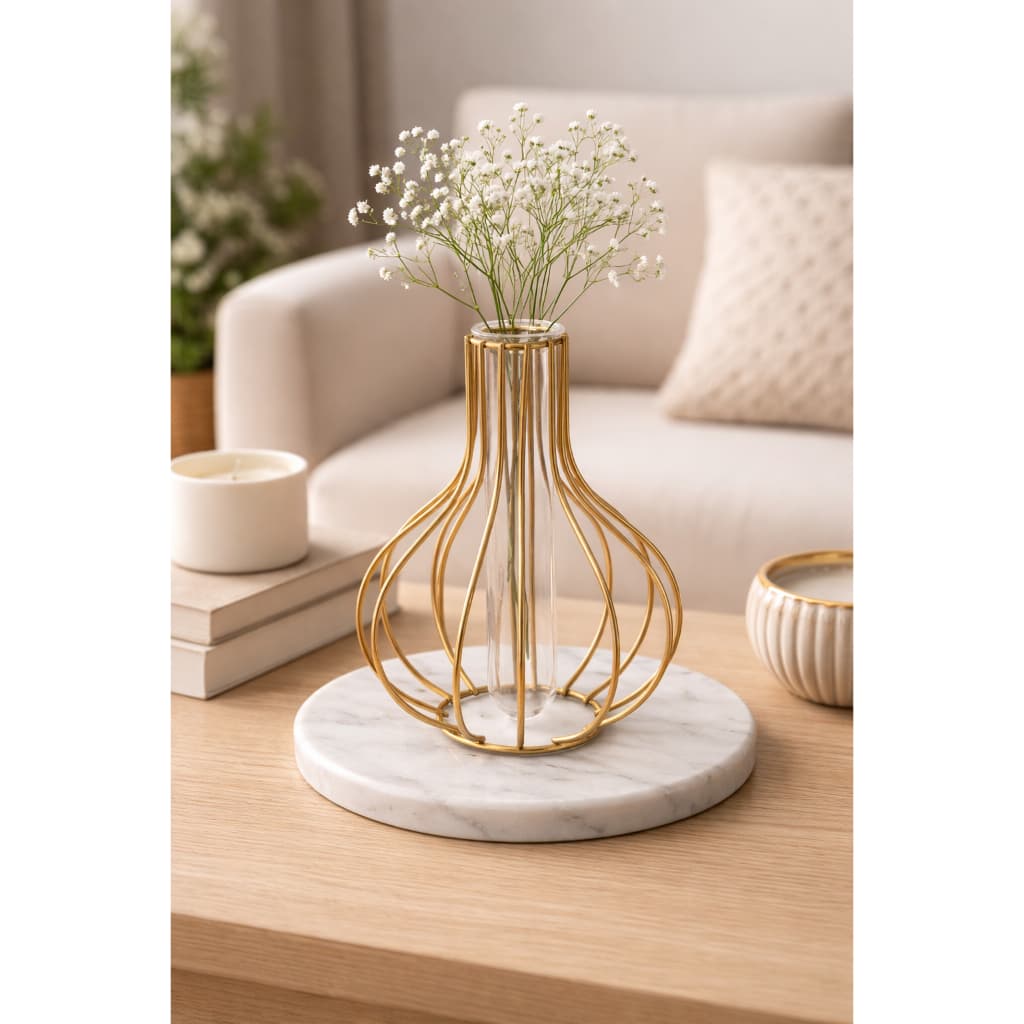 Vaso Aramado Dourado Com Tubo de Vidro Flores para Decoração Vazado Planta Decorativo Mesa Posta Centro de Mesa