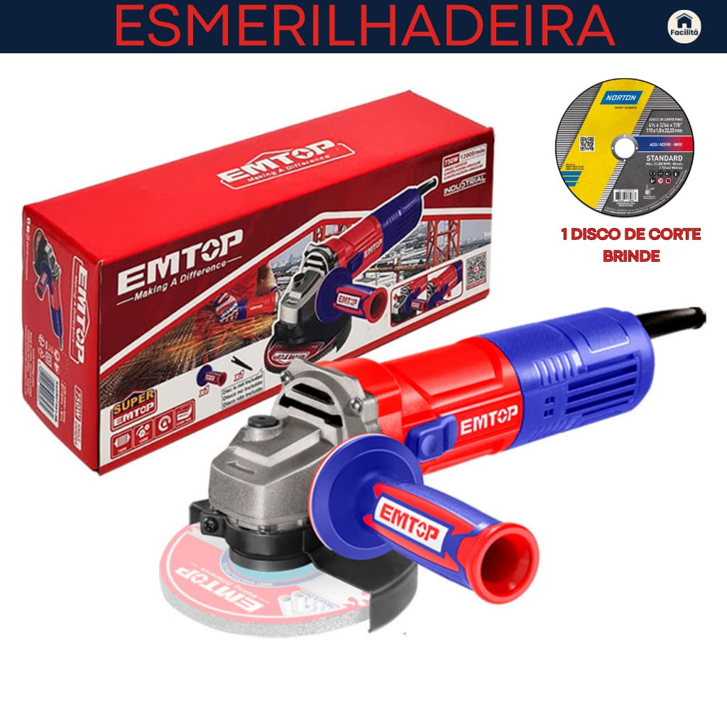 Esmerilhadeira 750W – 12000 RPM, Alça Auxiliar, Alta Potência e Durabilidade - EMTOP - Disco de corte de Brinde