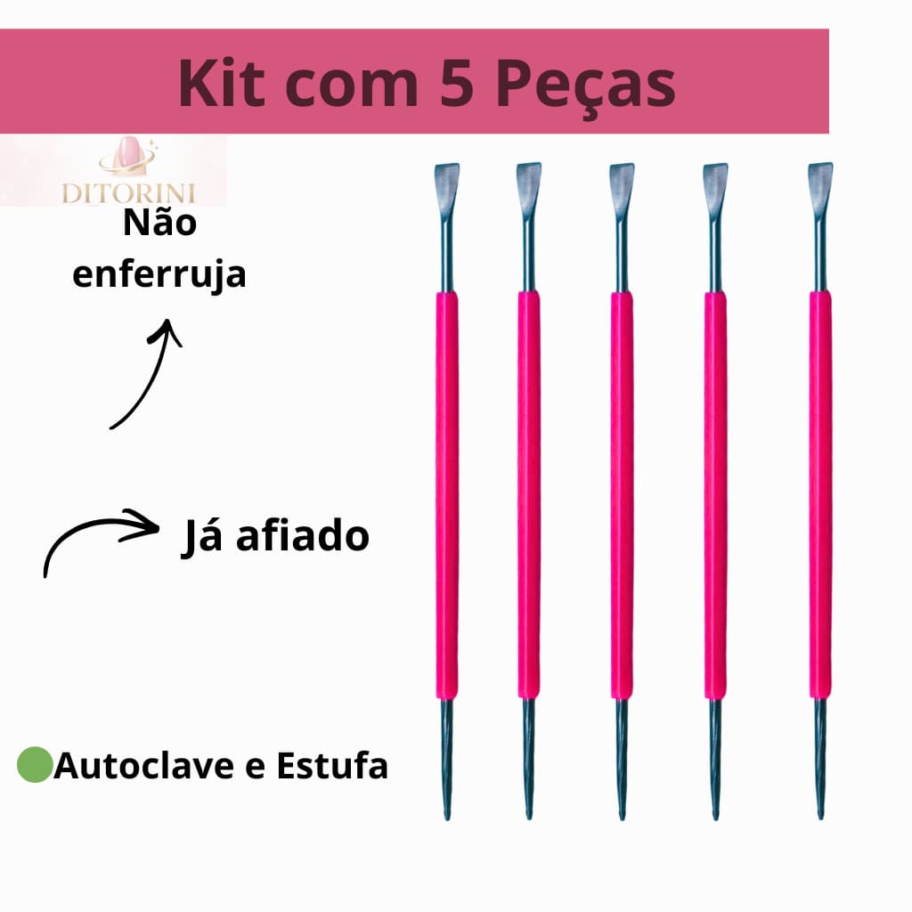 Kit 05 Espátulas Bastão Mista Unha Inox ROSA Com Silicone Cutelaria Manicure
