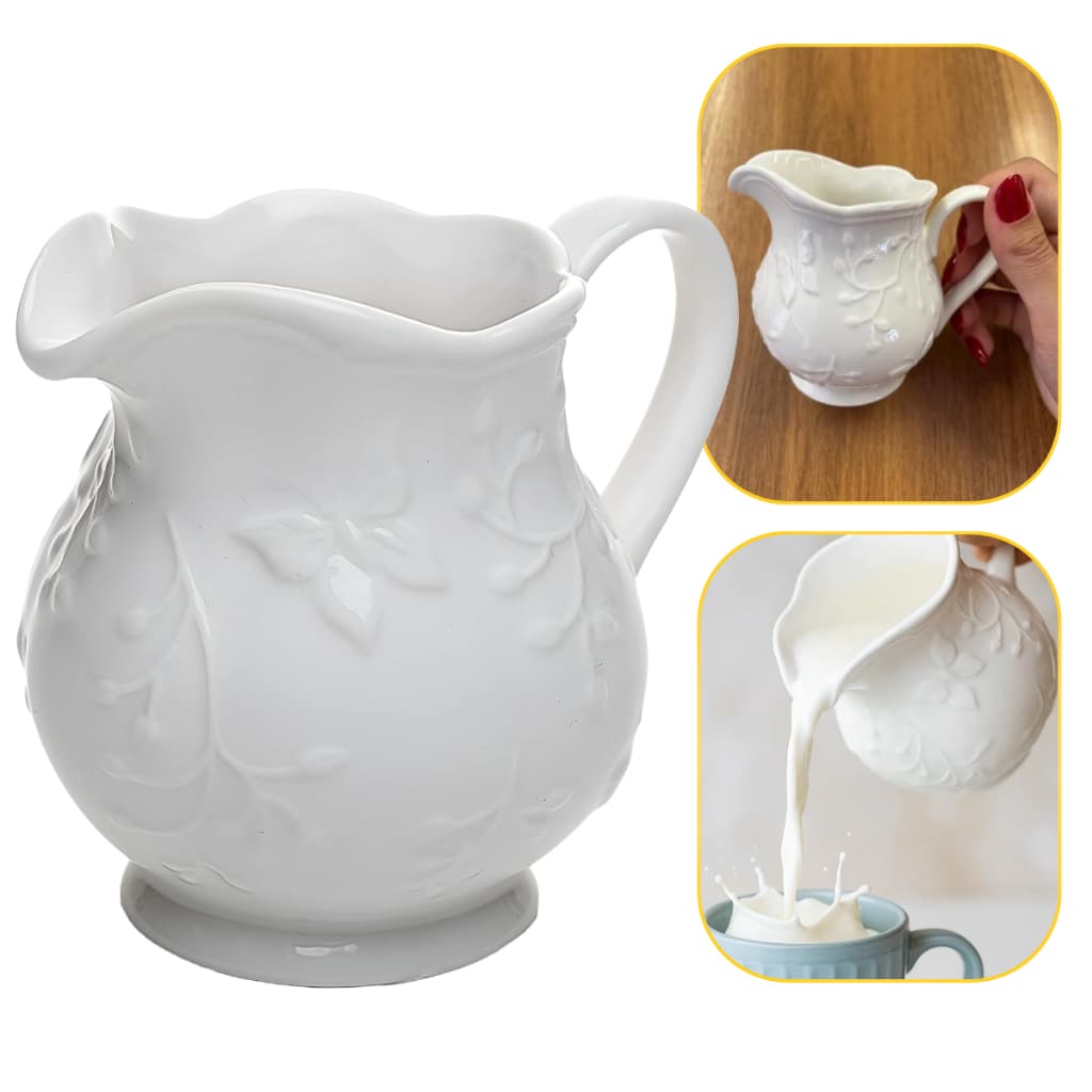 Jarra Leiteira De Porcelana Branca New Bone Butterfly Flower Borboletas Florido 250ml Lyor