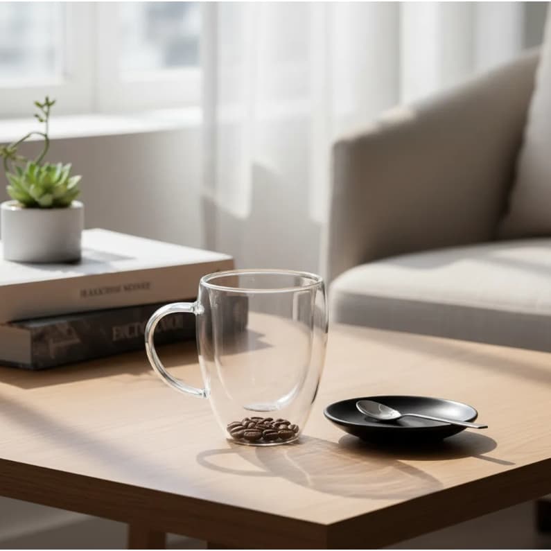 Caneca Grãos de Café 350ml Parede Dupla Vidro Borossilicato Isolamento Térmico Resistente