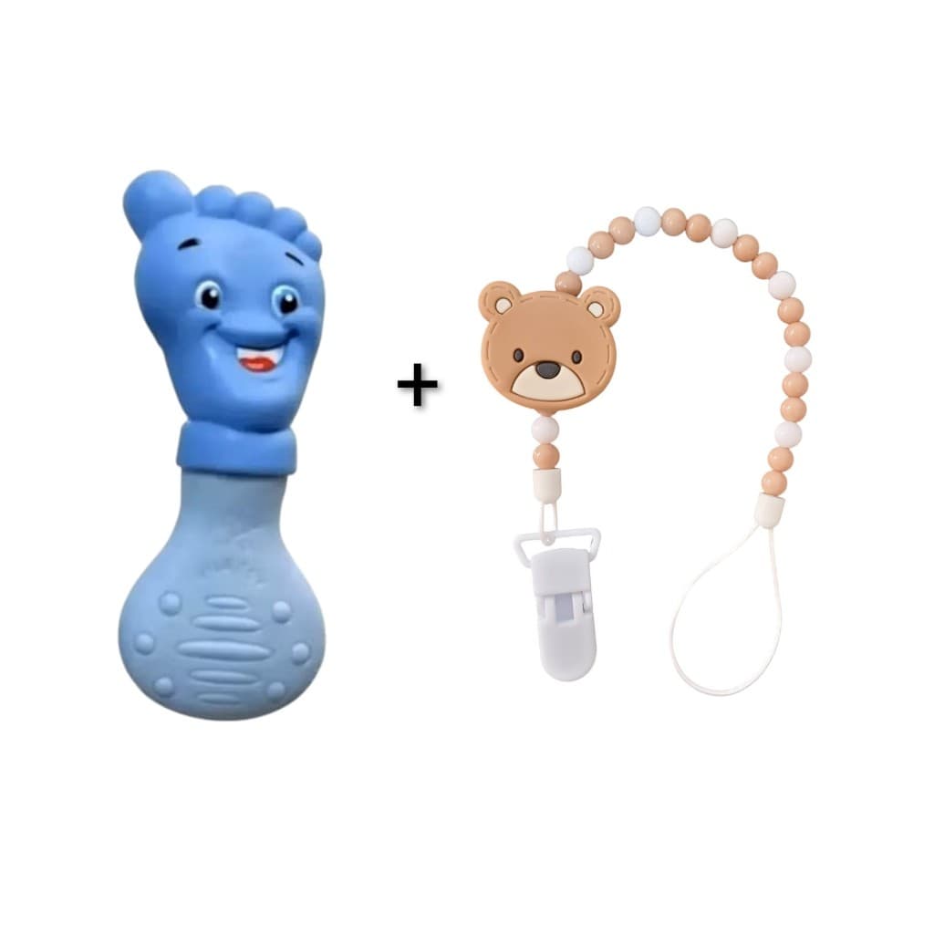 Kit Prendedor de Chupeta Urso + Mordedor Bebê Pezinho - Mãozinha Silicone VILA TOY