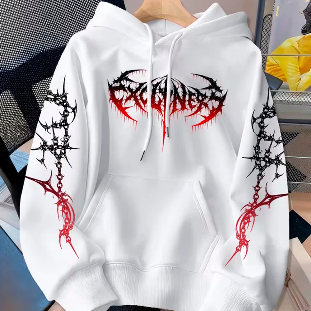 Blusa de Frio Moletom Canguru Capuz Algodão Escrita Gótica Tribal Dark Metal Streetwear Y2k