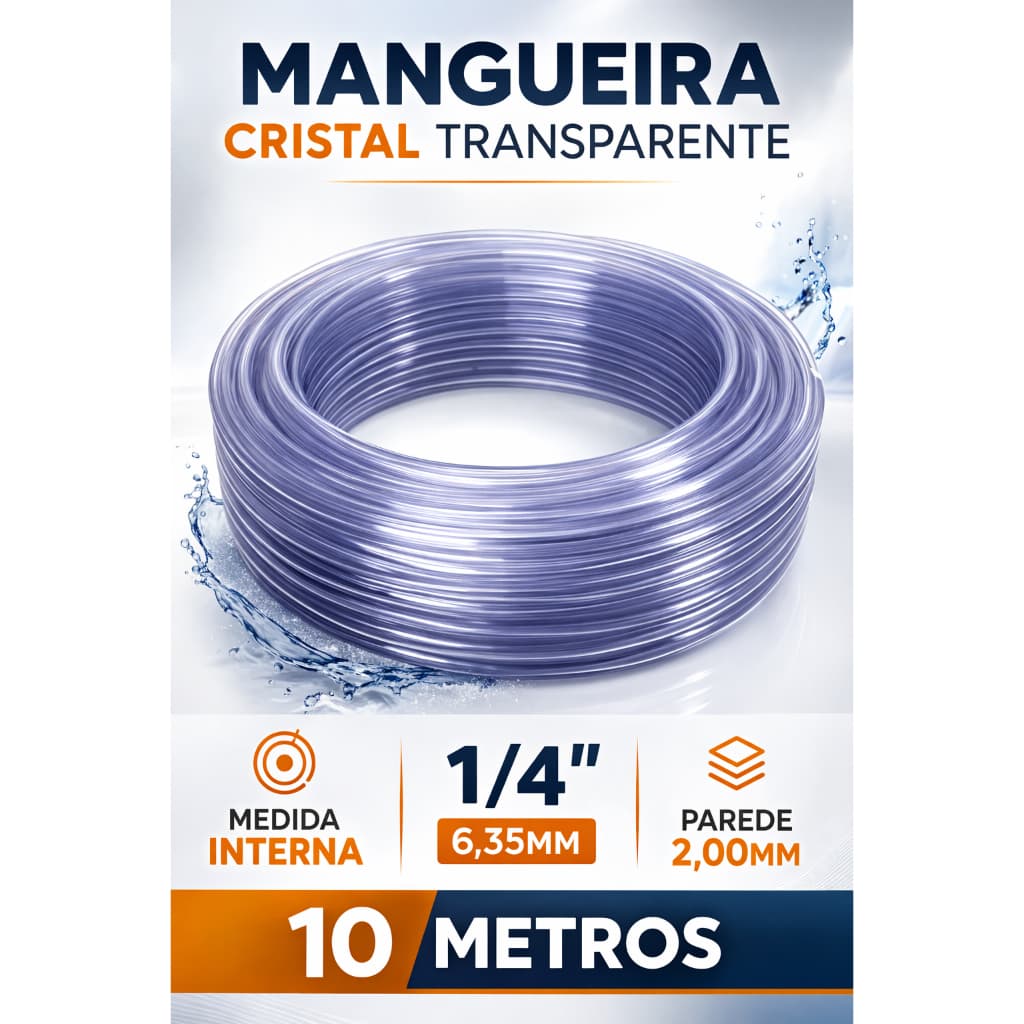 Mangueira Cristalpress 1/4"x 1,5mm PVC Transparente Flexível 10 Metros Multiuso Nivel Obras Aquário-