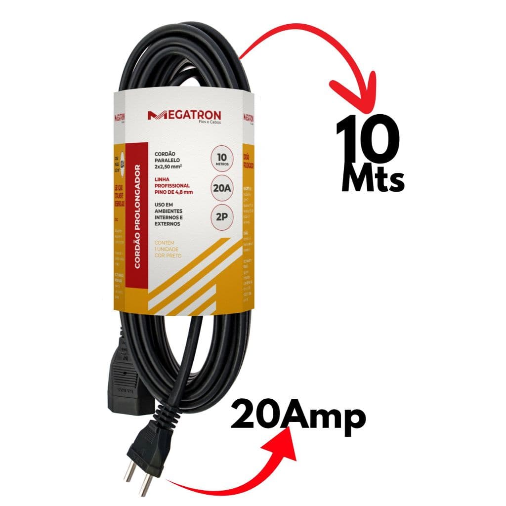 Extensão Elétrica  Cordão Prolongador 20Amp Cabo reforçado 5 e 10 metros Megatron Inmetro
