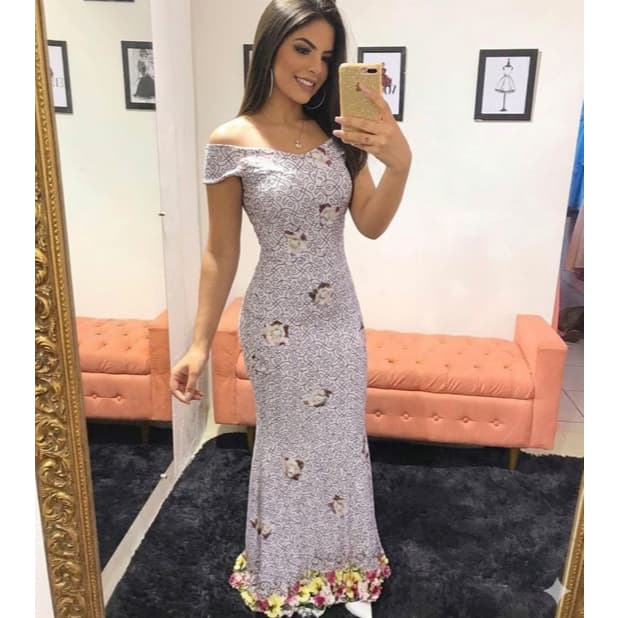 Vestido Festa Longo Acinturado Tecido Encorpado Não Transparente Com Bojo | Ombro a Ombro| Modelo Exclusivo