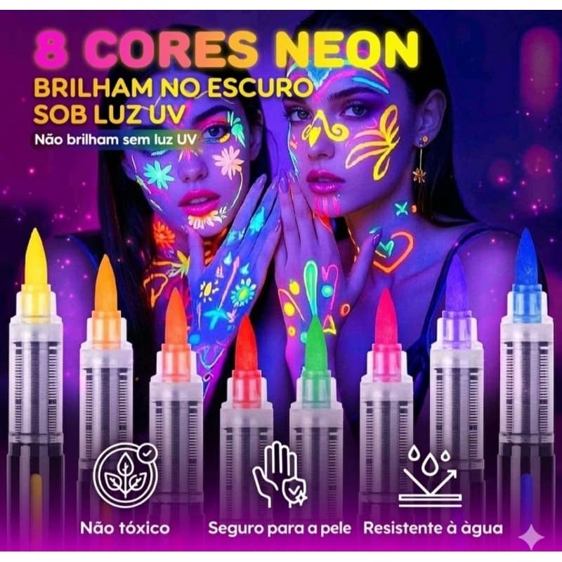 8Canetas Neon UV Maquiagem Facial Corporal, 8 Cores Brilha No Escuro com Luz Uv,  Festas Baladas Raves