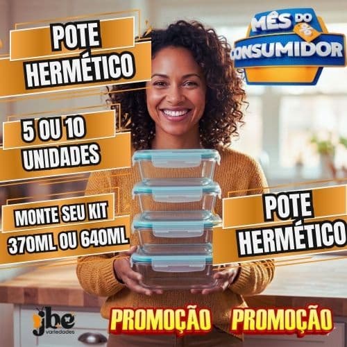 Kit 5/10 Potes de Vidro Hermético 640ml 370ml Retangular Marmita Microondas Freezer Forno Tampa 4 Travas Fit