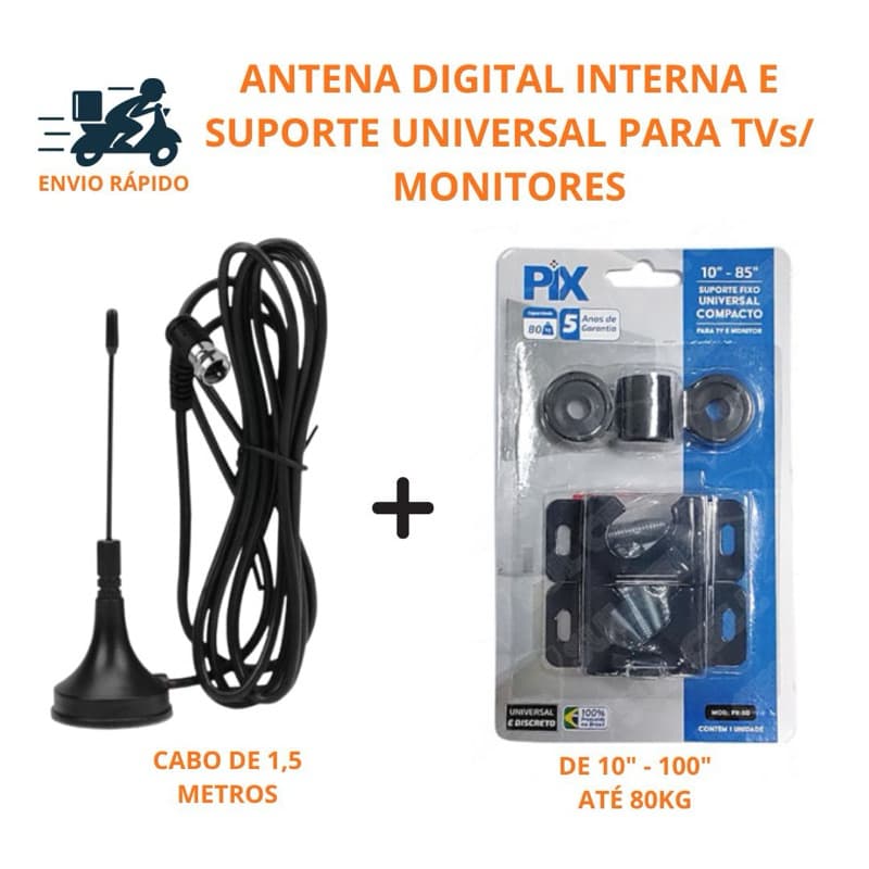 Antena Digital + Suporte TV Universal Sinal HD para TVs e Monitores Casa e Escritório