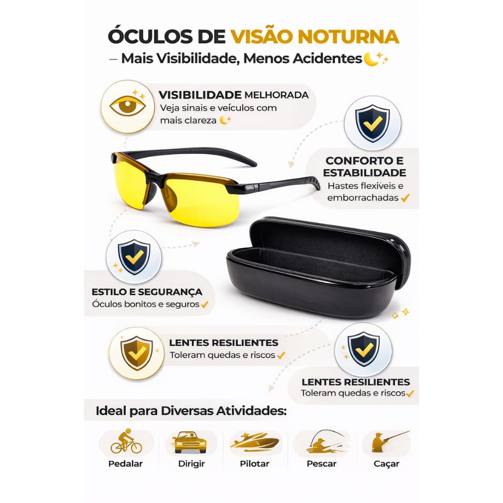 Óculos Visão Noturna HD Importado + Case | Anti Ofuscamento Direção Noturna UV400 Polarizado Motorista Moto Bike Unissex
