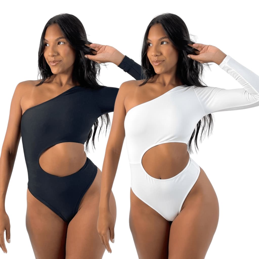KIT 2: Body Feminino Manga Longa Um Ombro Só Mula Manca com Recorte em Suplex Premium