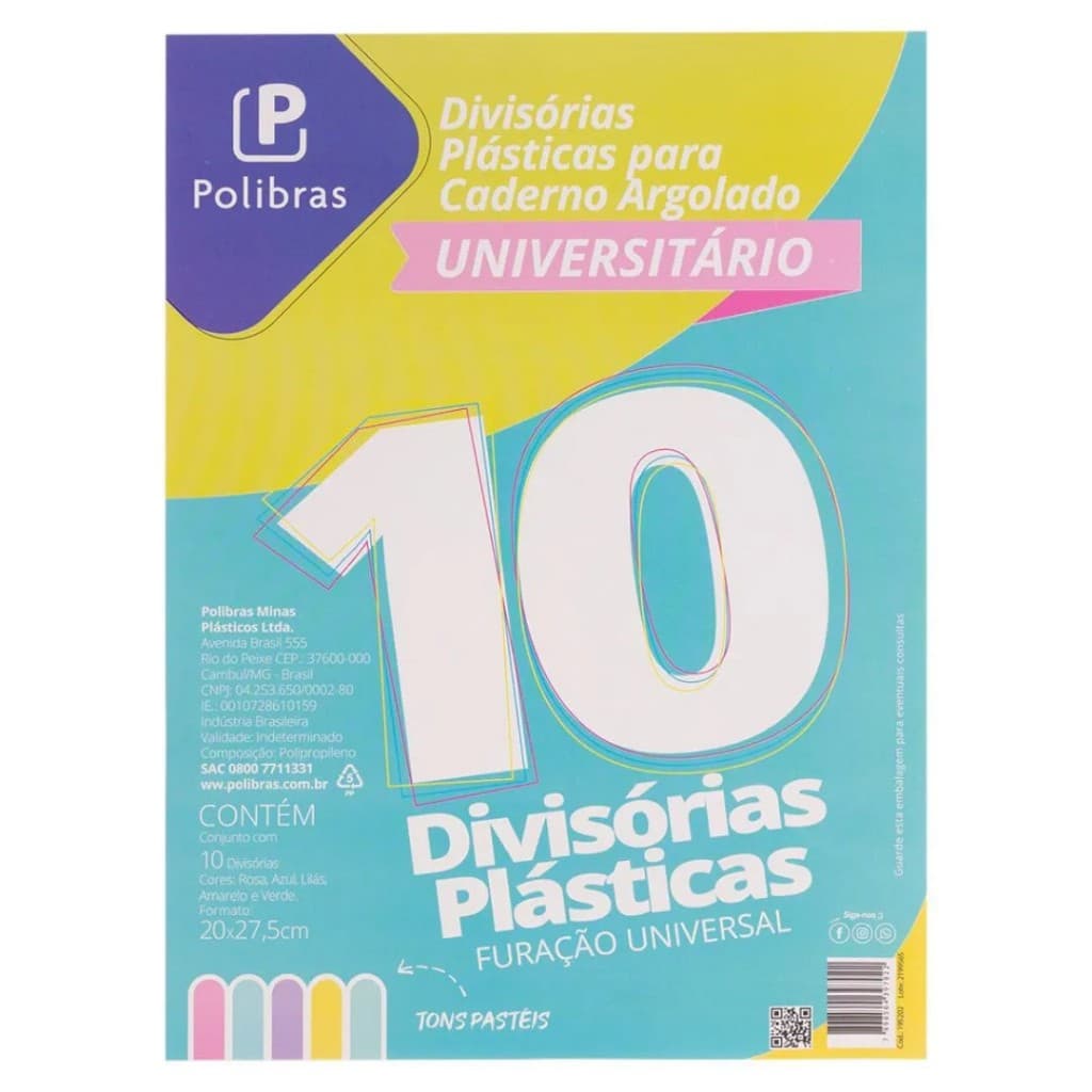 Divisórias Plásticas para Fichário Universitário C/10 divisórias-Tons pastéis