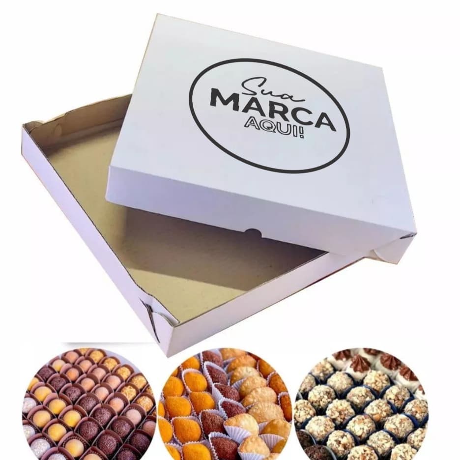 caixa personalizada para doces, salgados e pizzas com sua logo tamanhos 20x20 kit 50