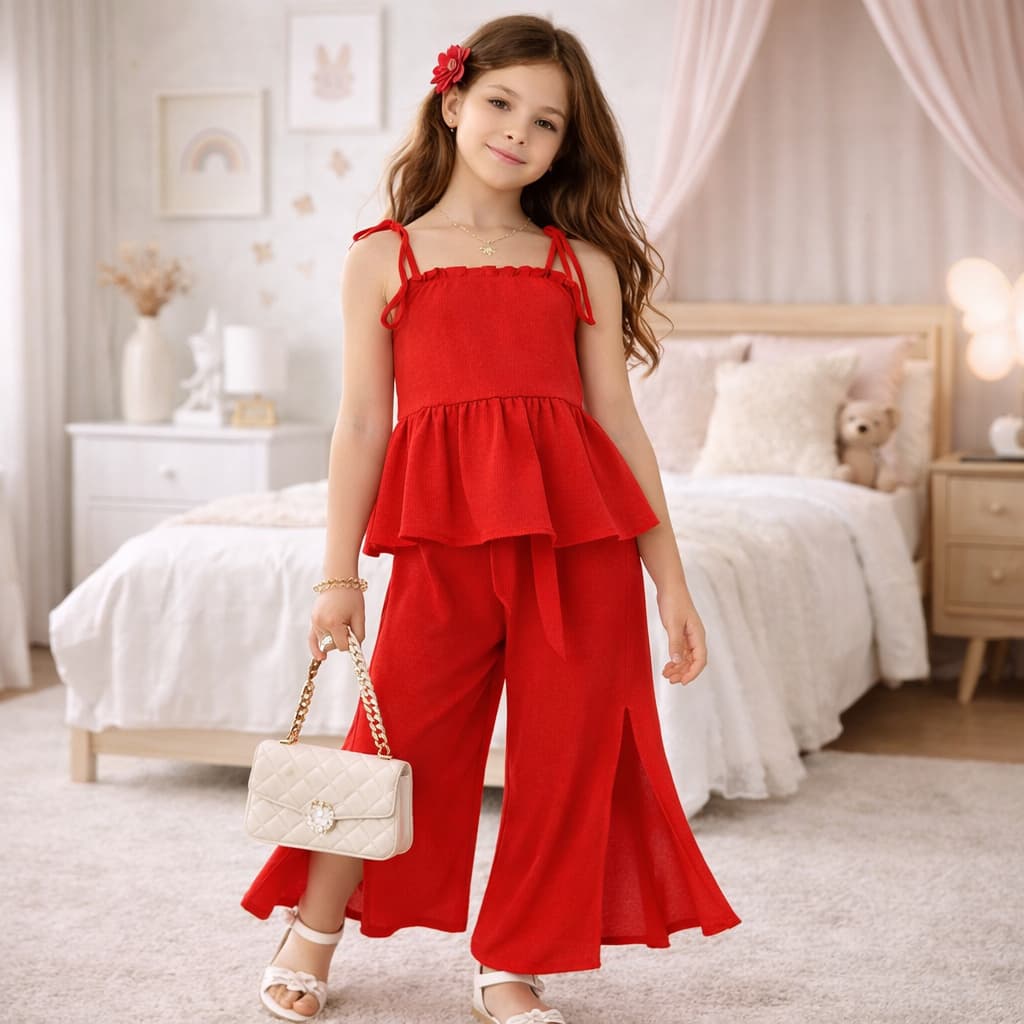 Conjunto Infantil Feminino Vermelho e Azul Elegante Blusa Babado + Calça Pantalona Aberta Lateral Moda Luxo Sofisticado