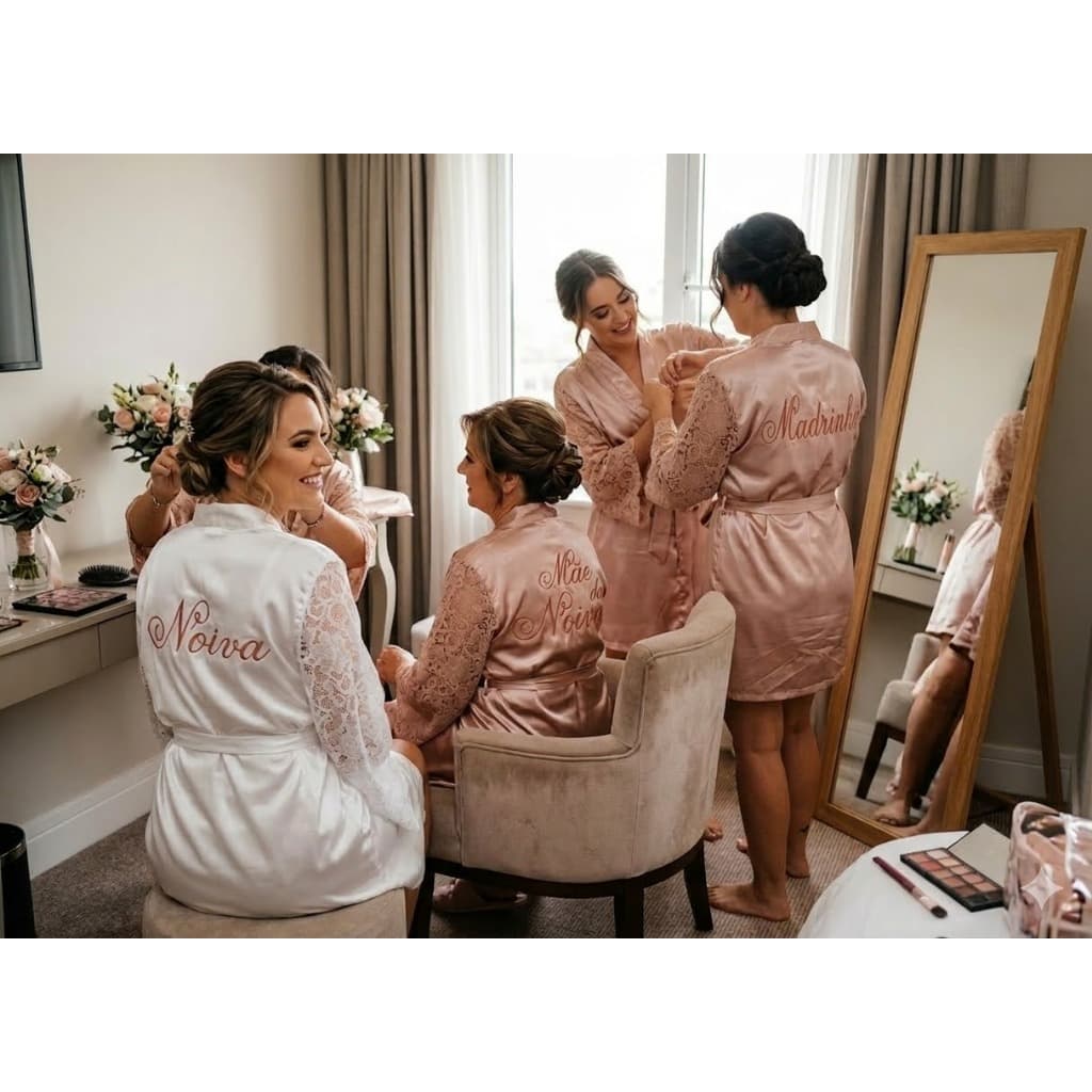Kit com 5 robes de Cetim com as Mangas Longas de Renda, Casamento, Noiva, Mãe, madrinha