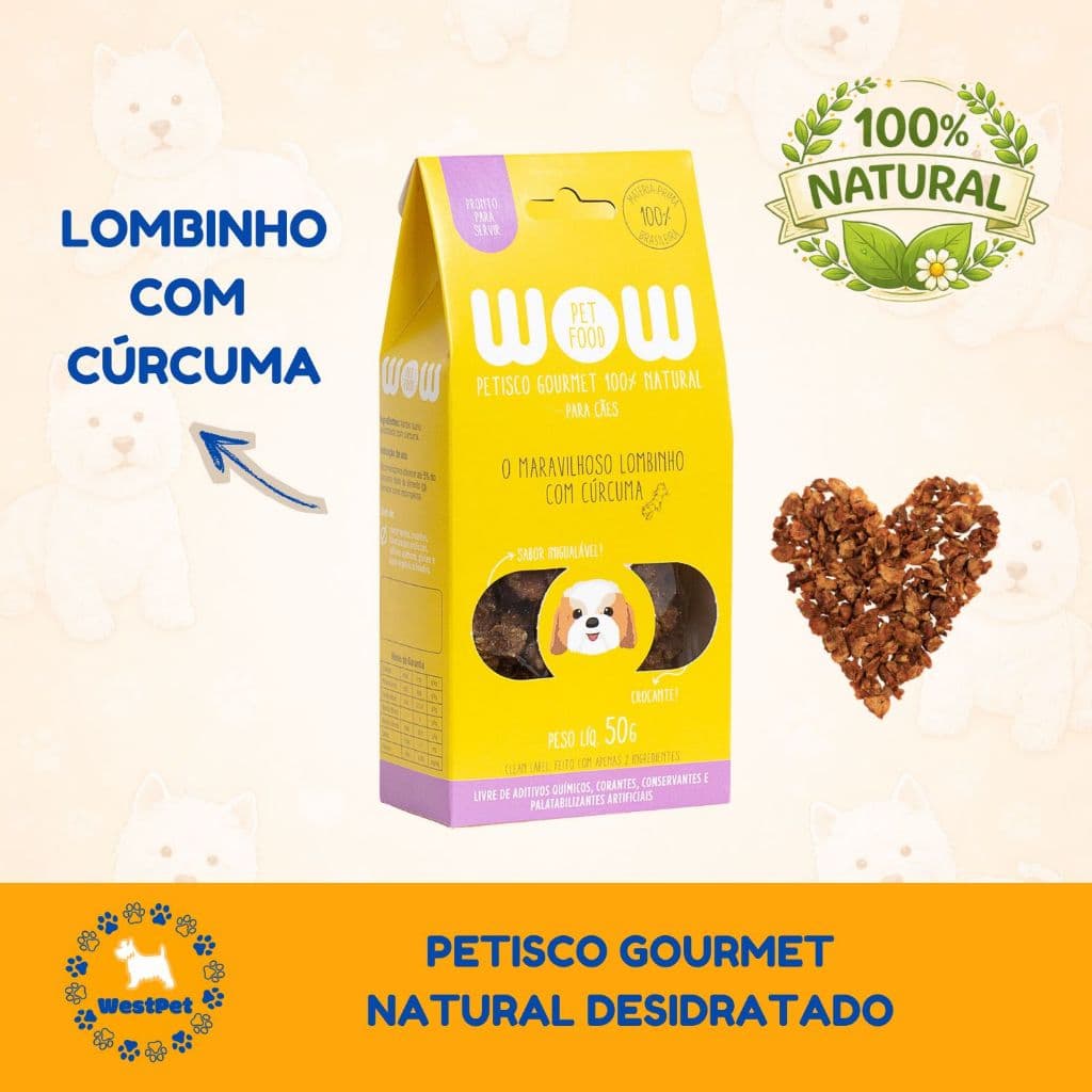 Petisco Gourmet Wow Para Cachorro Lombinho Com Cúrcuma Desidratado Crocante 50g