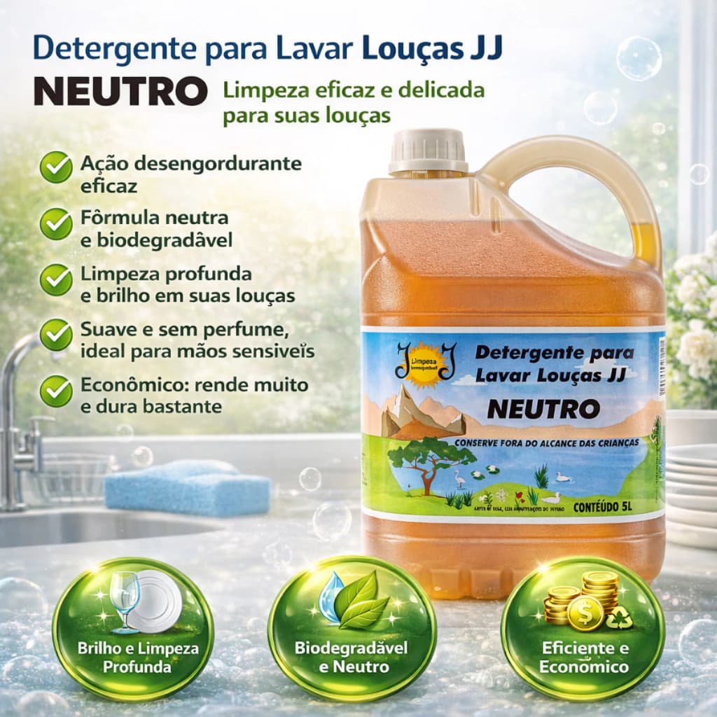 Detergente Concentrado Lava Louças Neutro 5 Litros Limpeza Profunda Desengordurante e Brilho Máximo