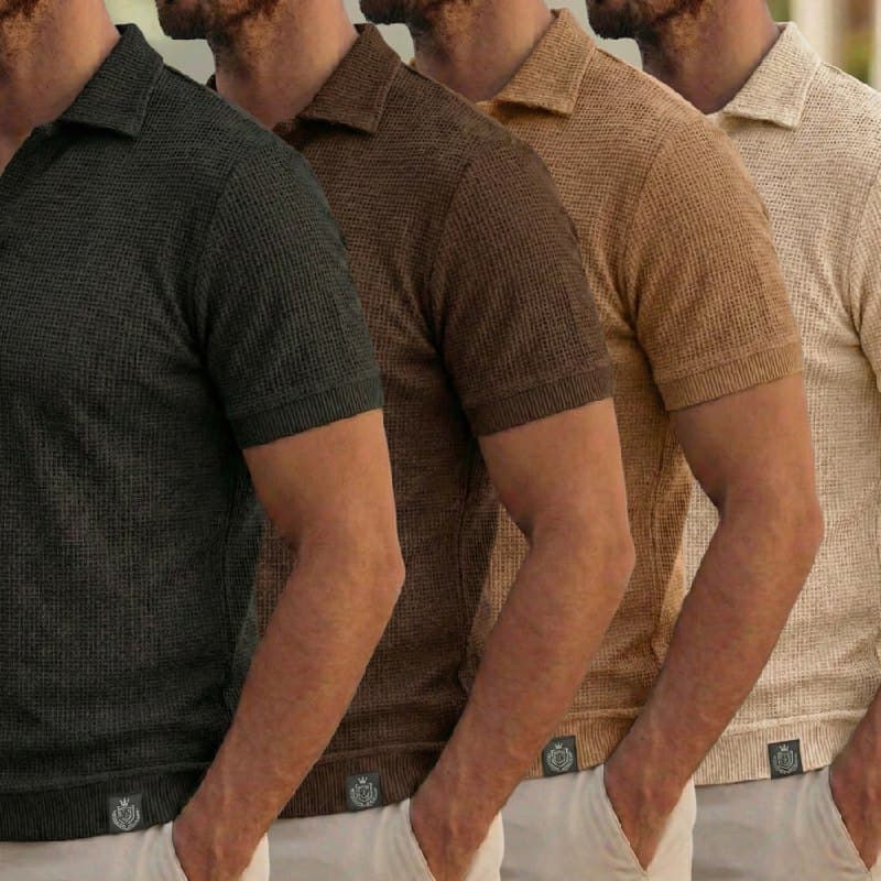 Kit 4 Polo Italiana texturizada sem botão, manga slim.