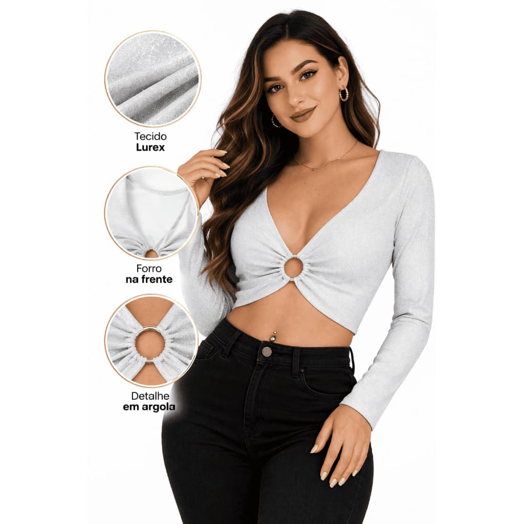 Cropped em tecido Lurex com Argola e Forrada