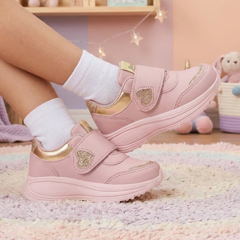 Tênis Infantil Feminino Rosa Velcro Coração Confortável Leve Antiderrapante 22 ao 33 062