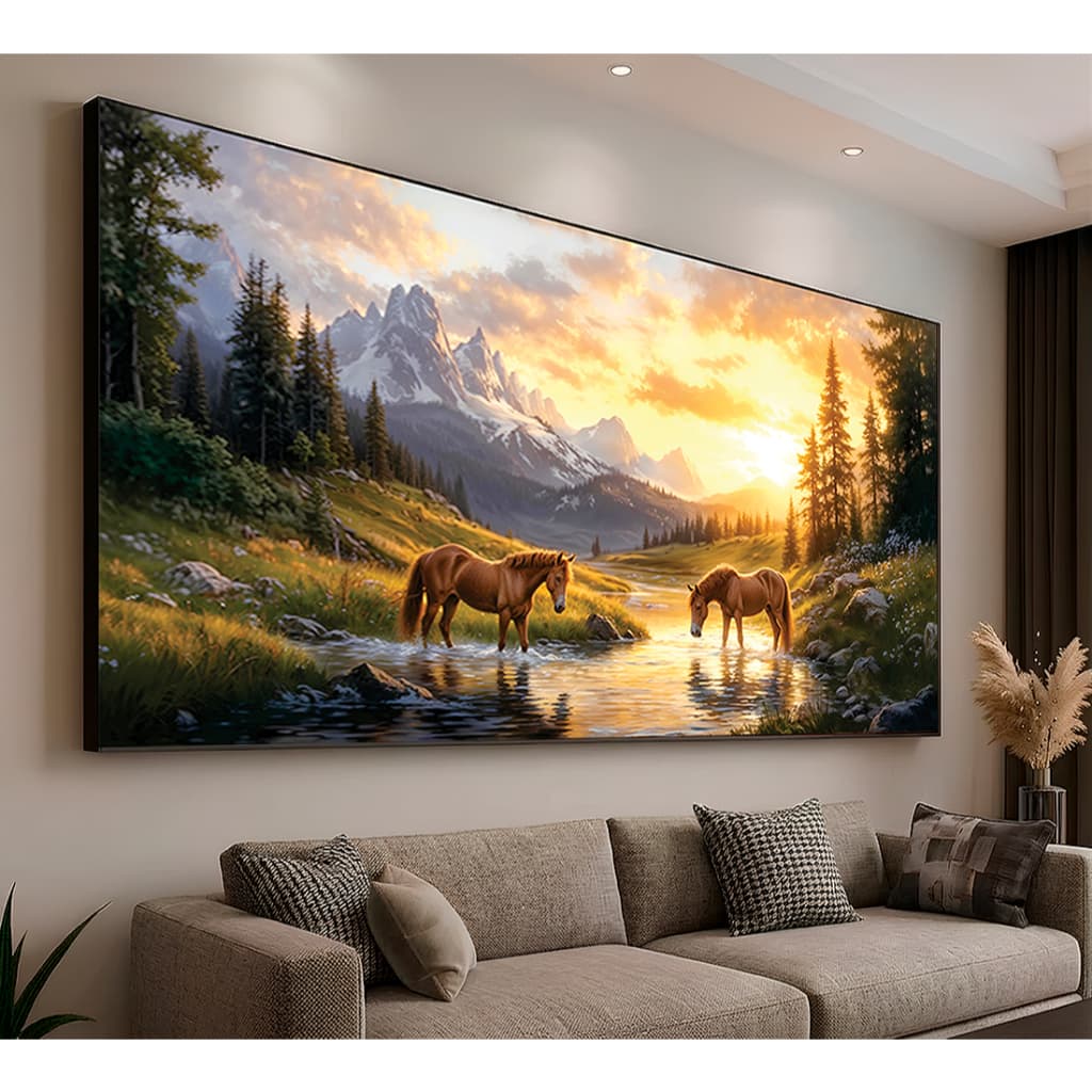 Quadro Decorativo Cavalos Selvagens Por Do Sol Paisagem Natural Liberdade Sala Quarto Cozinha