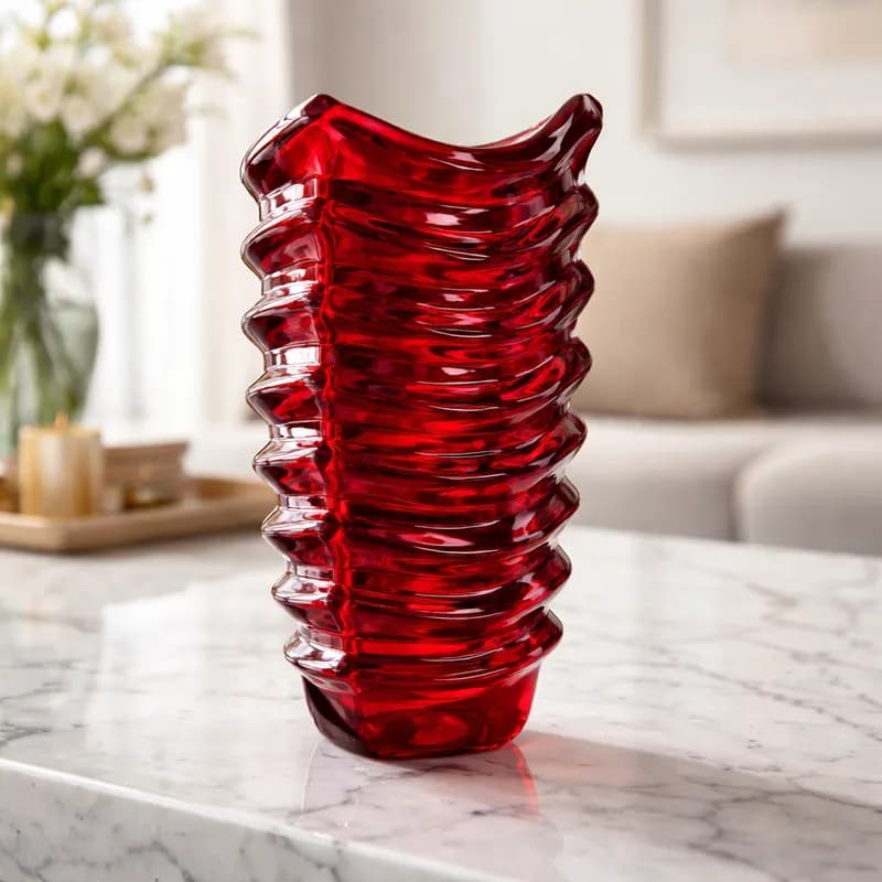 Vaso de Luxo Decoração Modelo Wave em Vidro Grosso Vermelho Metalizado 30cm de Altura
