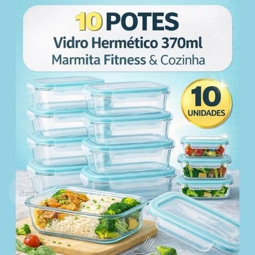 Conjunto 10 Potes Vidro Hermético Organizadores de Cozinha Mantimentos Marmita Travas 370ml