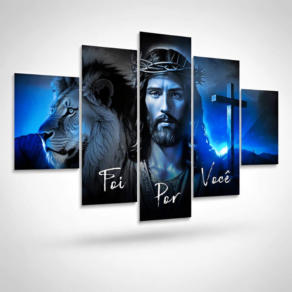 Quadro Decorativo Leao Jesus Frases Foi Por Voce 5 Pçs Sala Quarto Hd