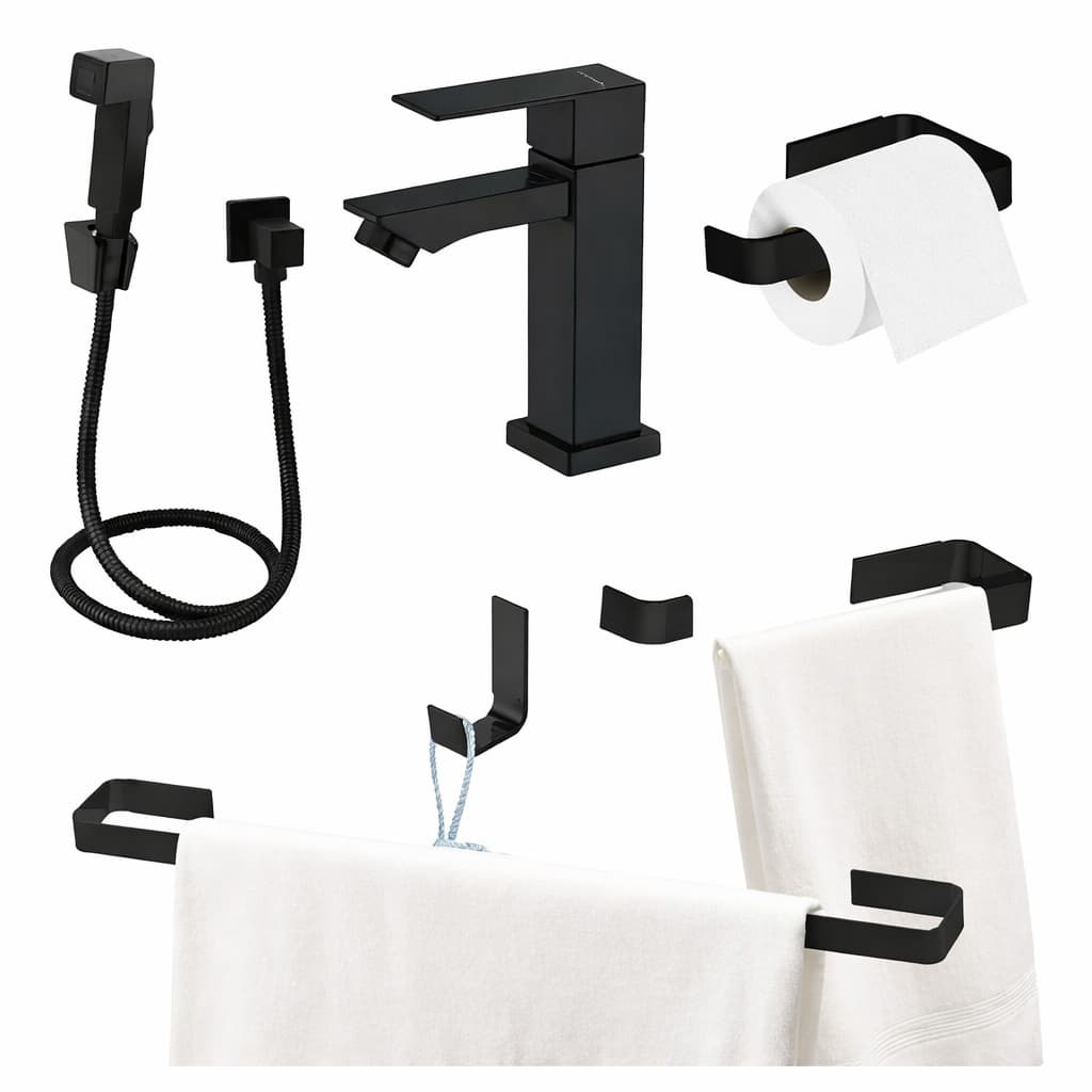 Kit de Acessórios para Banheiro Quadrado Preto Fosco  + 1 Ducha Higiênica + Torneira Bica baixa Pia