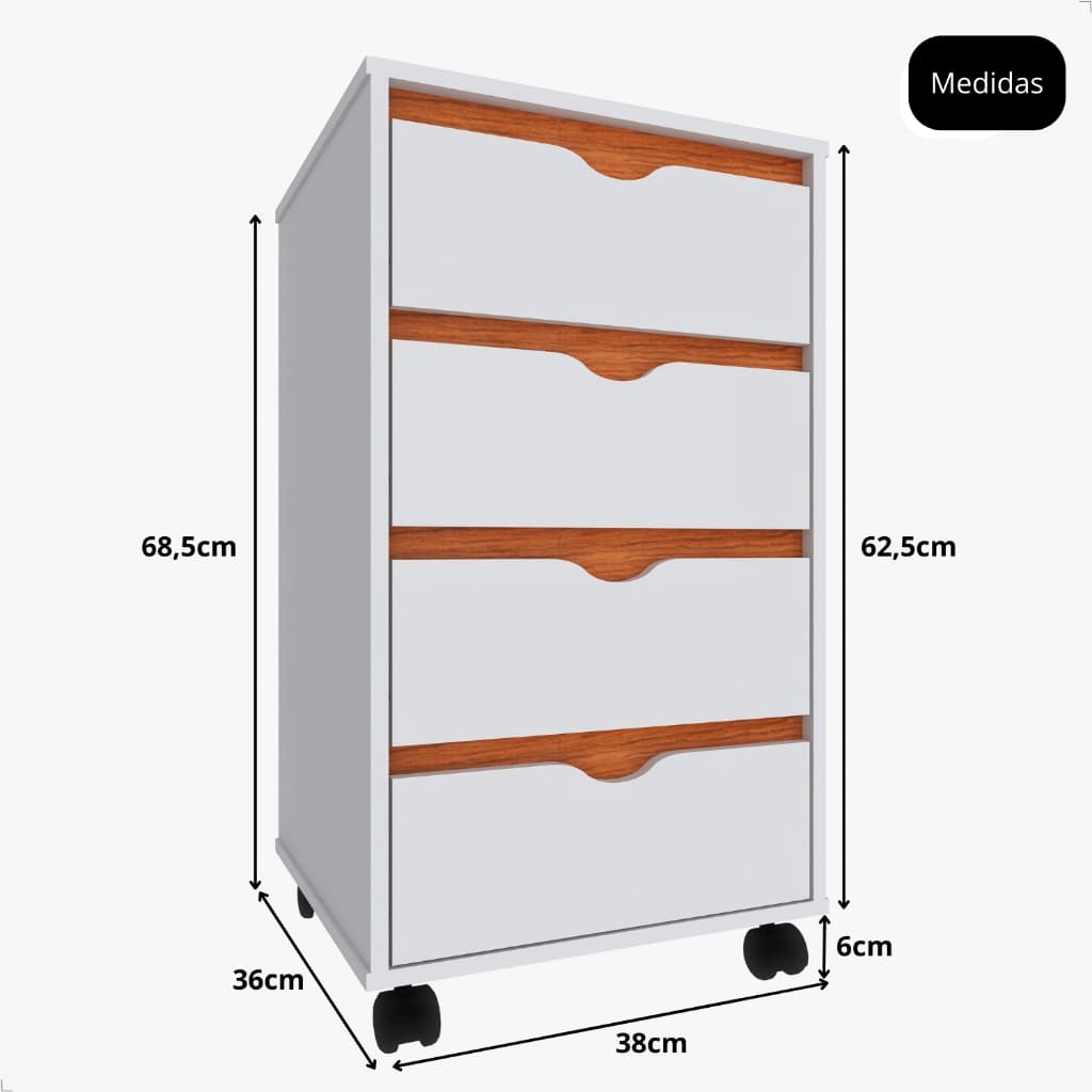 Gaveteiro Organizador 4 Gavetas com Rodinhas  Multiuso Escritório, Quarto, Home Office