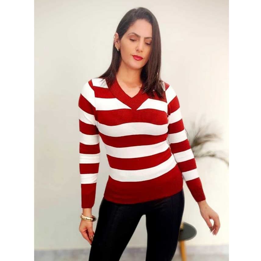 Blusa Trico Básica De Frio Feminina Decote V listrada Manga Longa lançamento Moda outono Inverno