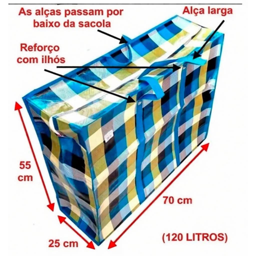 BOLSA SACOLÃO COM ZÍPER RESISTENTE PARA COMPRAS – Sacola de Viagem, Feira e Mudança Resistente - 70x55cm