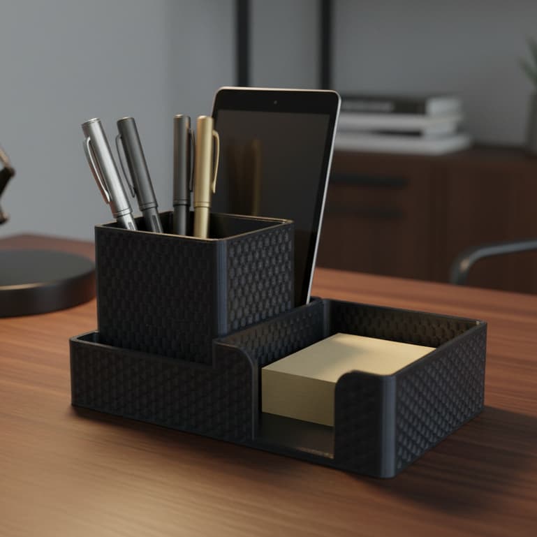 Organizador de Mesa Multifuncional Preto com Design Geométrico para Canetas e Blocos