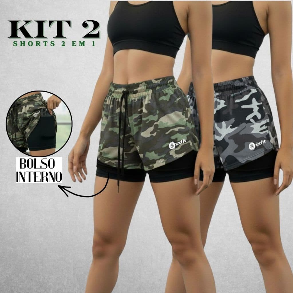 Kit 2 Shorts Feminino 2 em 1 Dry Fit Compressão Bolso Interno Academia Corrida M Ao G3