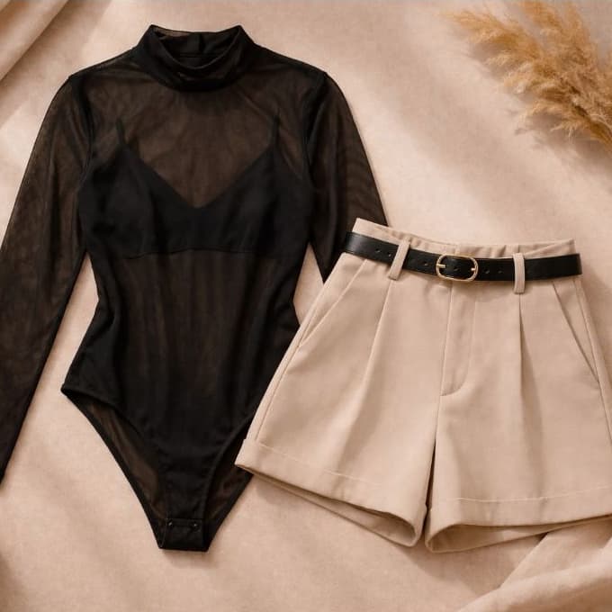 Conjunto Bory Body Tule Manga Longa + Short Alfaiataria Cintura Alta Com Cinto Moda Inverno