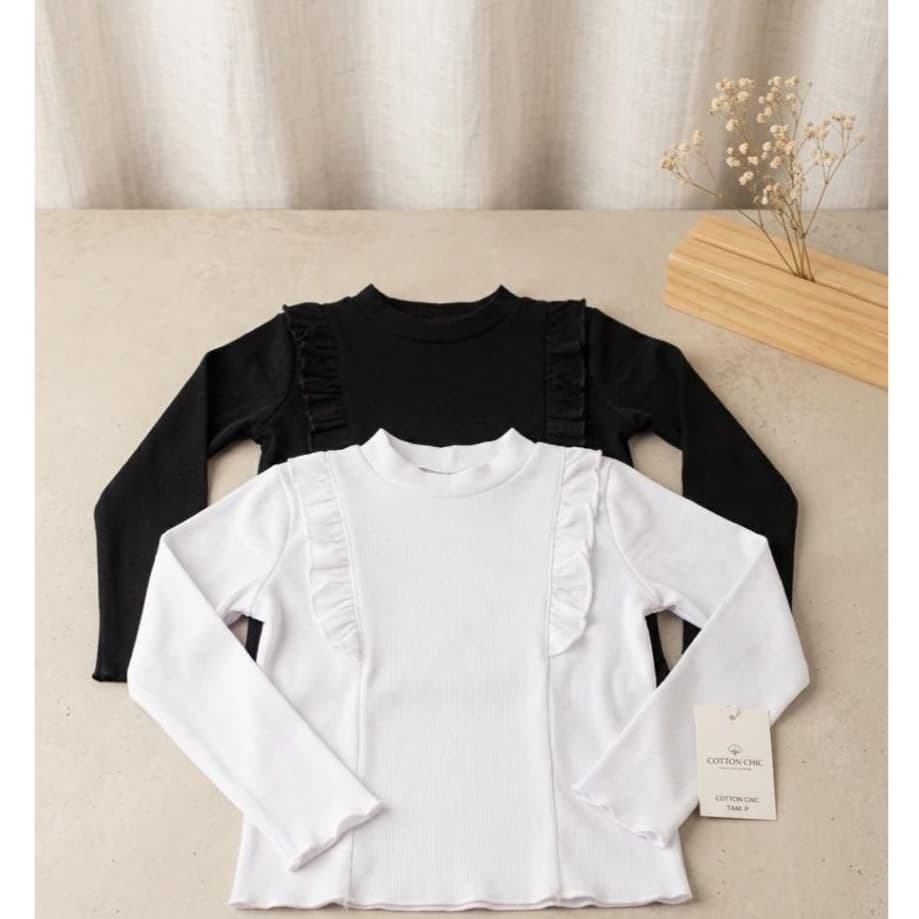 Blusa Canelada Infantil Menina com Detalhe de Babados Frontais Manga Comprida Outono Inverno