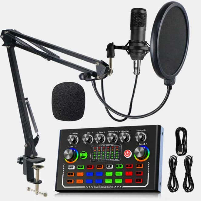 Kit Podcast F009 Completo com Microfone Profissional USB Efeitos de Voz para Live Streaming Gravação