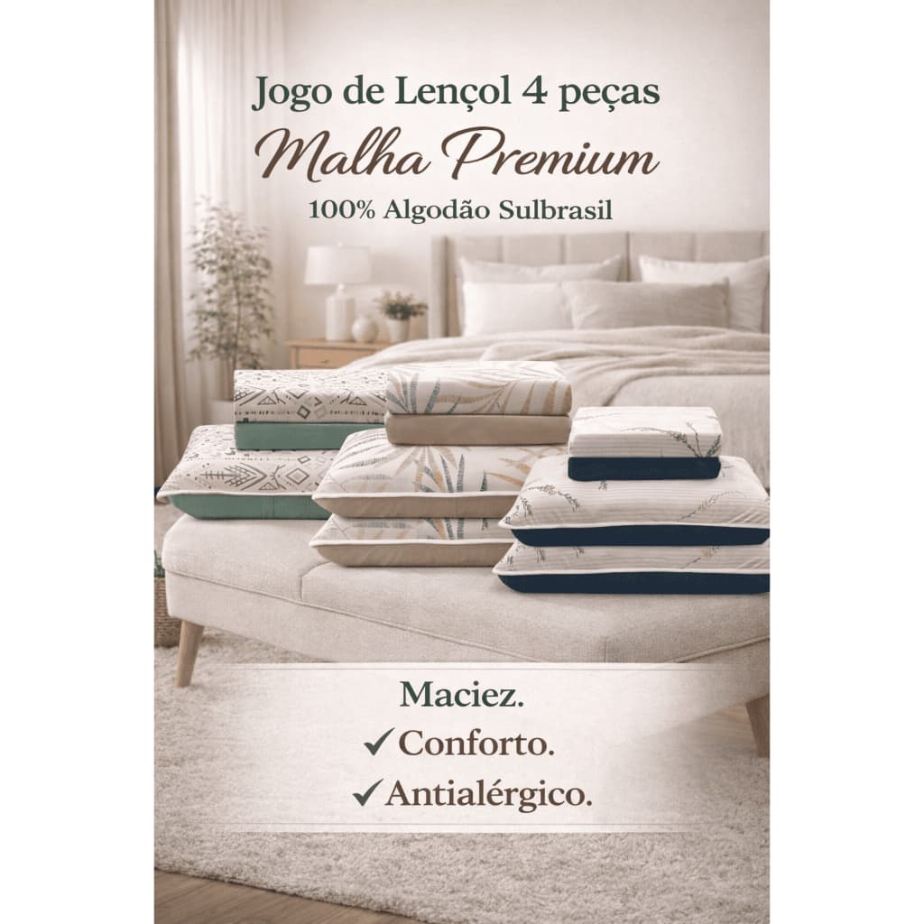 Jogo de Lençol Queen 4 Peças 100% Algodão Malha Fio 30/1 Penteado Premium Antialérgico Sulbrasil