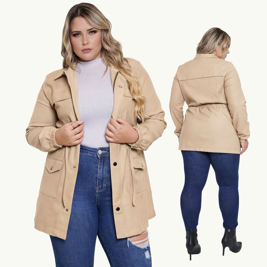 Jaqueta Parka Feminina Com Bolsos Moda Plus Size Inverno Possui Ziper E Cordão De Ajuste Luxo