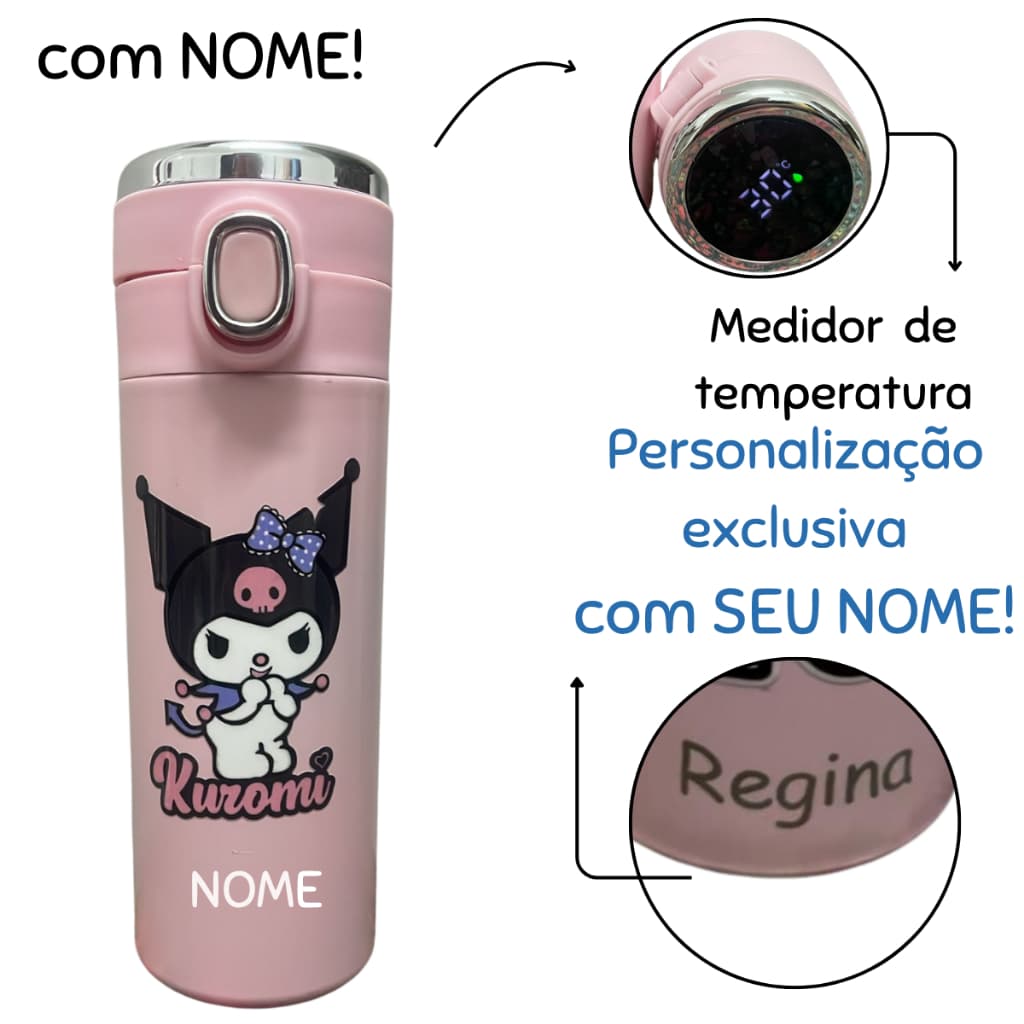 Garrafa Personalizada Com NOME KUROMI Térmica Termômetro Digita e Trava de Segurança  Adulto Infantil INOX Escolar