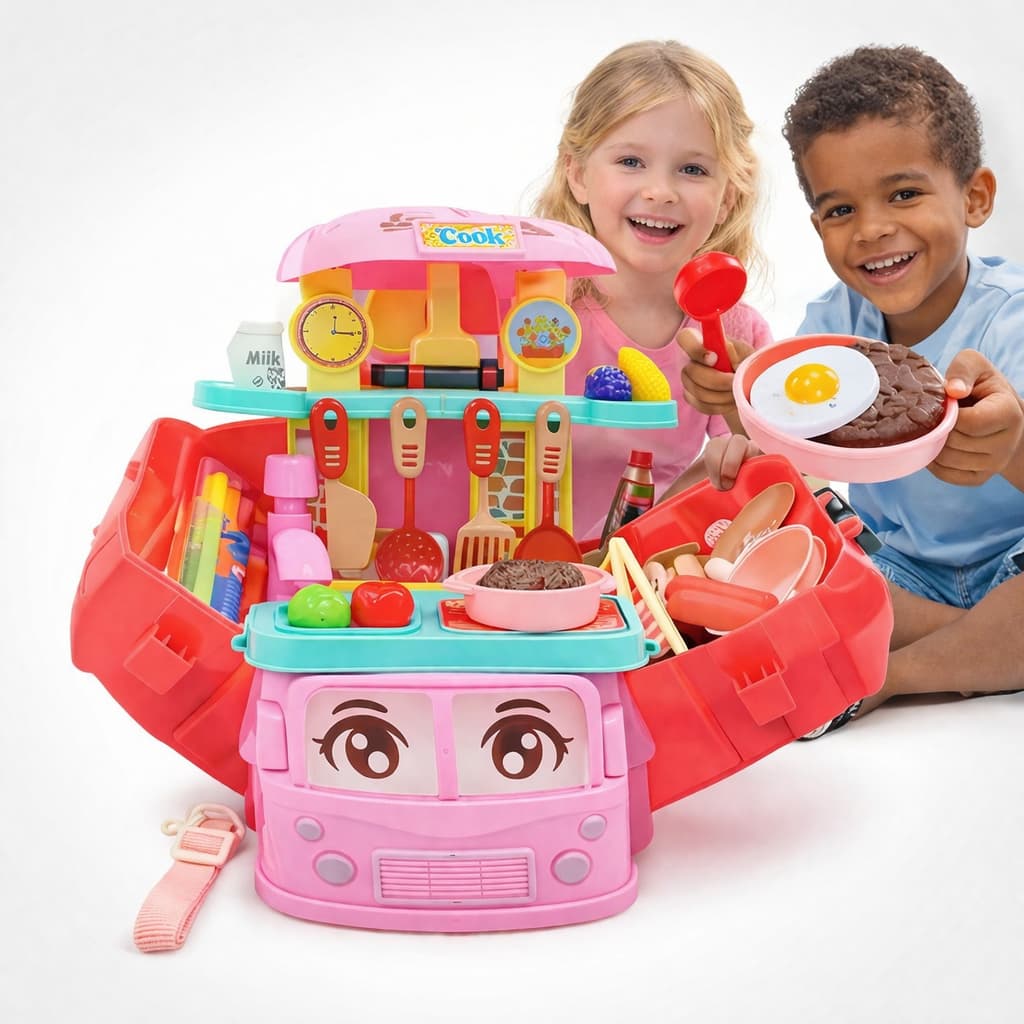 Brinquedo Conjunto Cozinha de Plástico Com Acessórios Maleta ônibus e Food truck