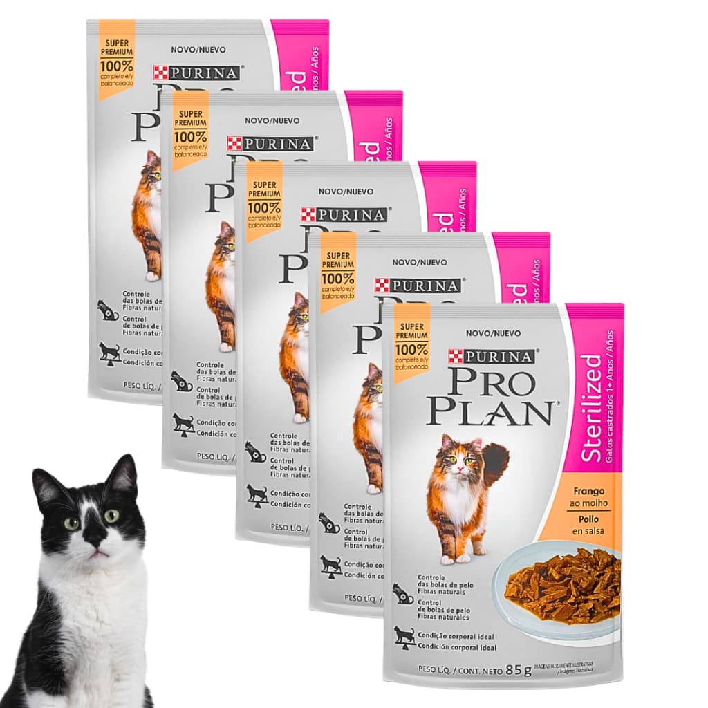 Combo Com 5 Sache Pro Plan Purina Sterilized Para Gatos Castrados Frango ao Molho 85g Cada Embalagem