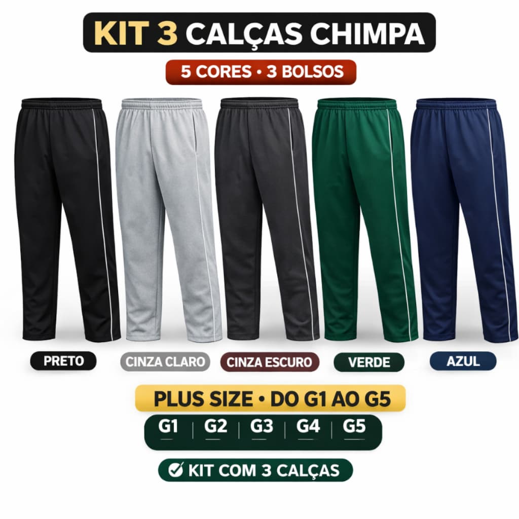 Kit 3 Calças Chimpa Conforto Plus Size Masculina G1 ao G5