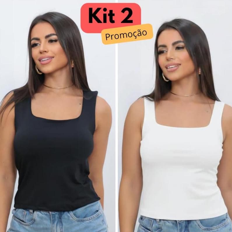 Kit 2 Blusa regata suplex feminina decote quadrado blusinha Alça Larga básica verão