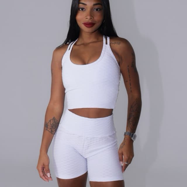 Conjunto Brocado Bolhas Top e Short Fitness Para Treino Academia