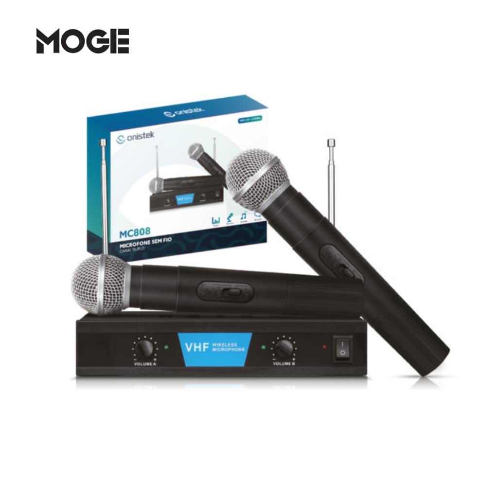 Microfone Sem Fio Duplo VHF Profissional | Canal Duplo | LED | Onistek ON-MC808