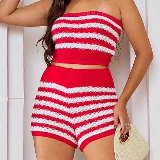 Conjunto Feminino Tricot Modal Listrado Top Tomara Que Caia Short Feminino Roupa Feminina Verão