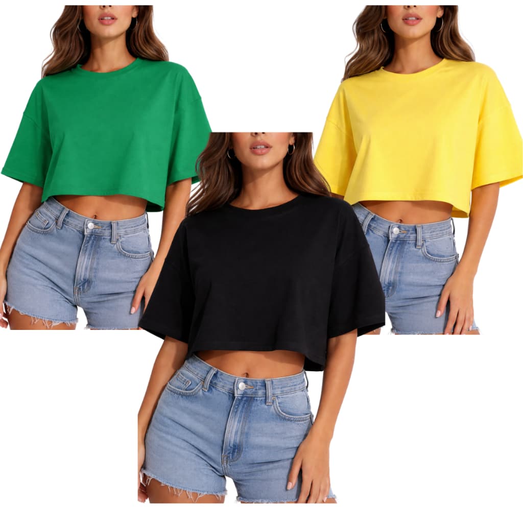 Kit 3 Cropped Oversized Feminino Larguinho Tshirt Algodao Basico Liso Blusinha Estilosa Academia