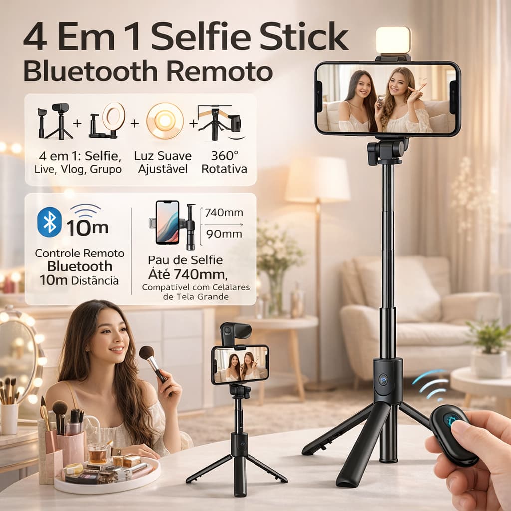 Bastão de Selfie 3 em 1 Tripé + LED + Bluetooth | Rotação 360°, 1m, Compatível com iPhone/Android