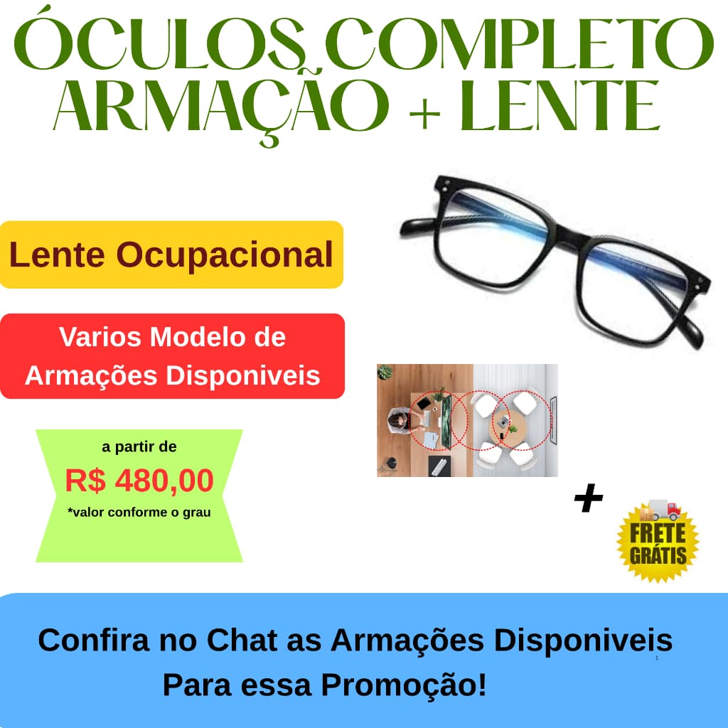 Óculos de Grau Completo Armação + Lente Ocupacional Com Antirreflexo Presbiopia e Astigmatismo